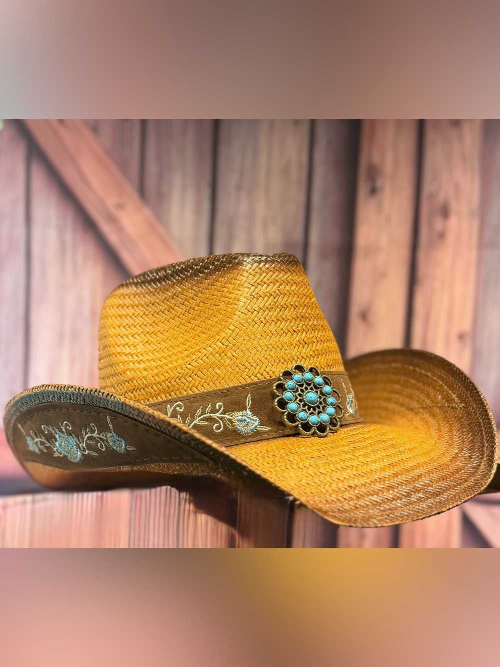 Embroidered Straw Cowboy Hat with Turquoise Concho